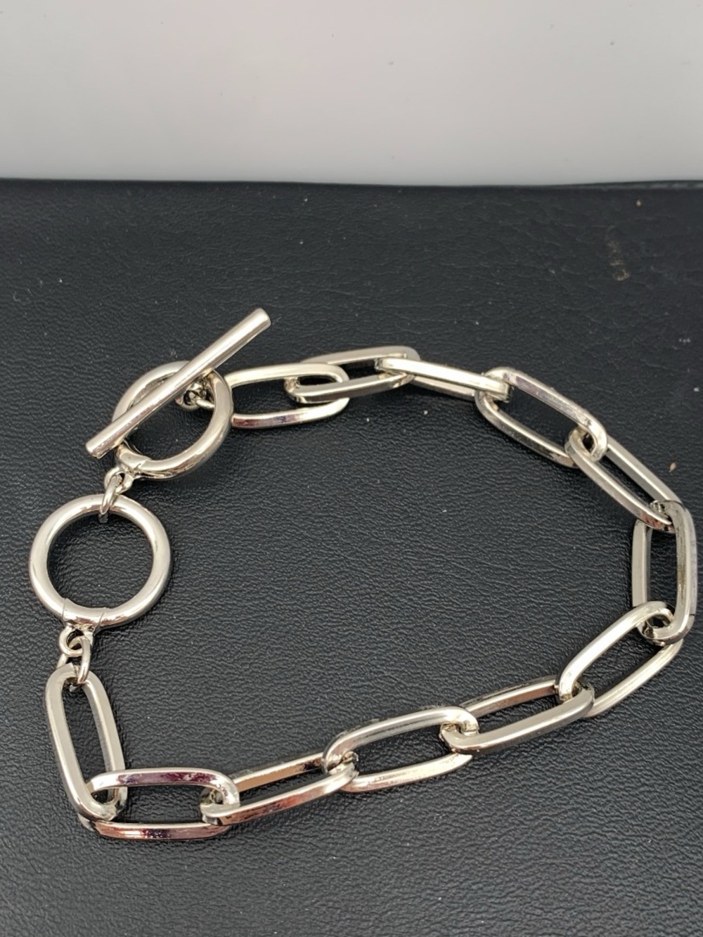 Polished Silver tone paper clip Chain Link Toggle Bracelet - Women's